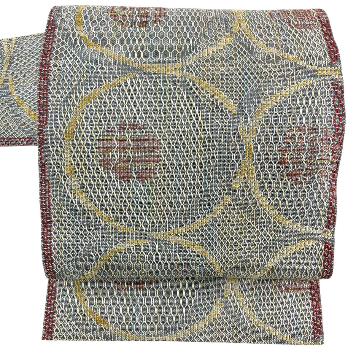 美品】 名古屋帯 秀品 夏帯 八寸名古屋帯 花 丸文 青灰色 正絹｜中古