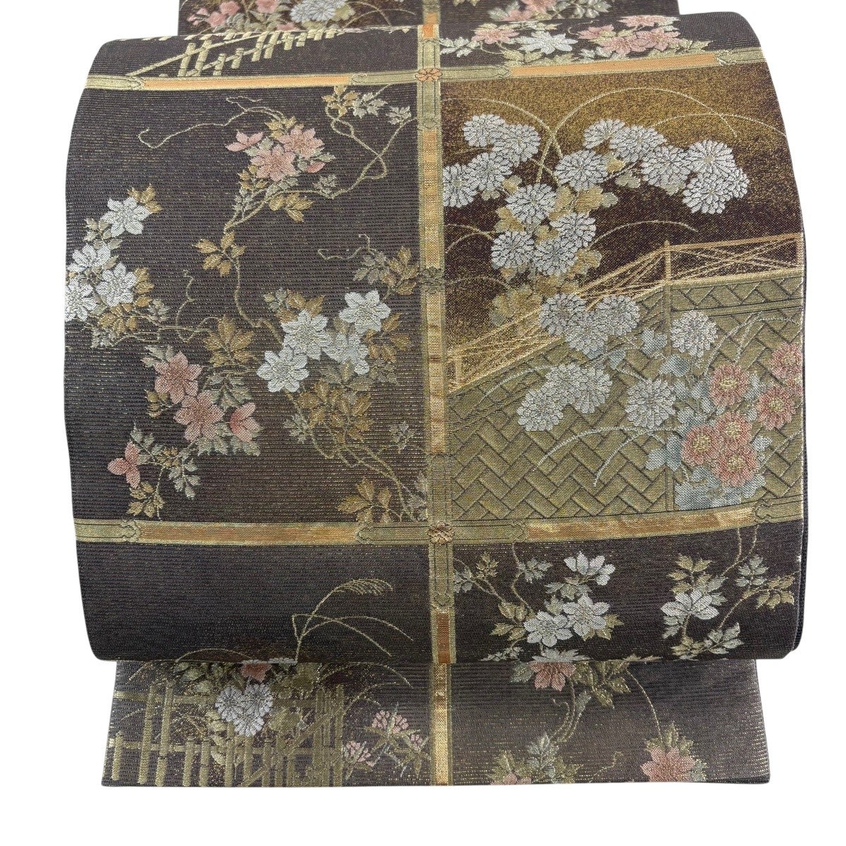 美品】 袋帯 秀品 夏帯 絽 格天夏秋文 金銀糸 茶色 六通 正絹｜中古