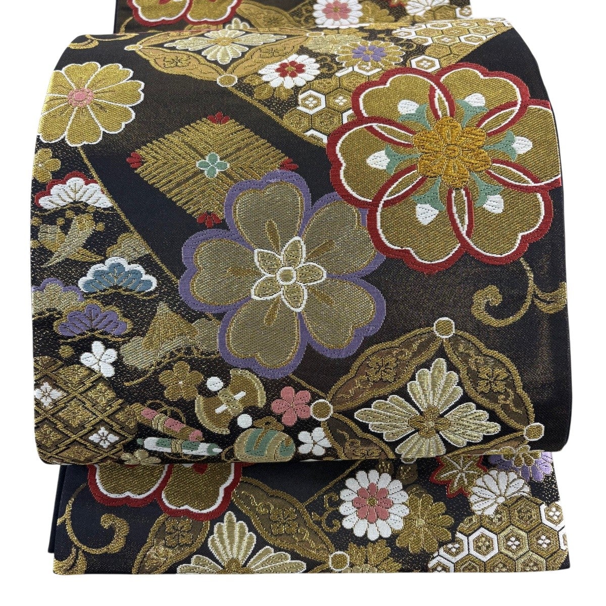 袋帯 秀品 桜 宝尽くし 金糸 箔 黒 六通 正絹｜中古・古着・リサイクル