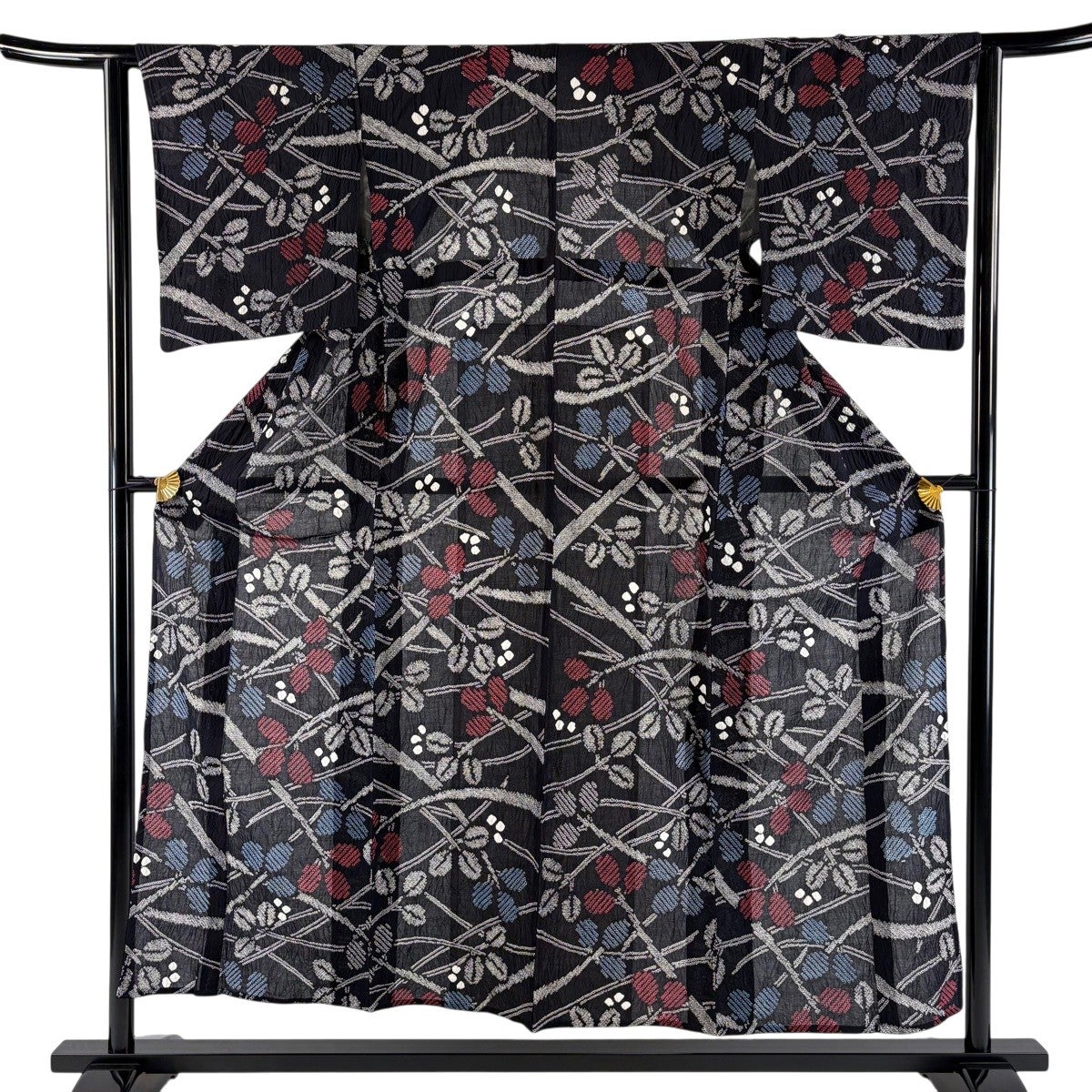 浴衣 身丈154cm 裄丈62cm S 絞り浴衣 萩 黒 綿 名品｜中古・古着