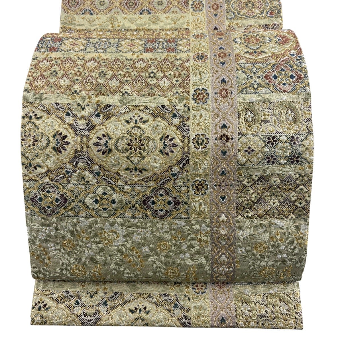 美品】 袋帯 秀品 華文 草花 金糸 箔 灰緑 六通 正絹｜中古・古着