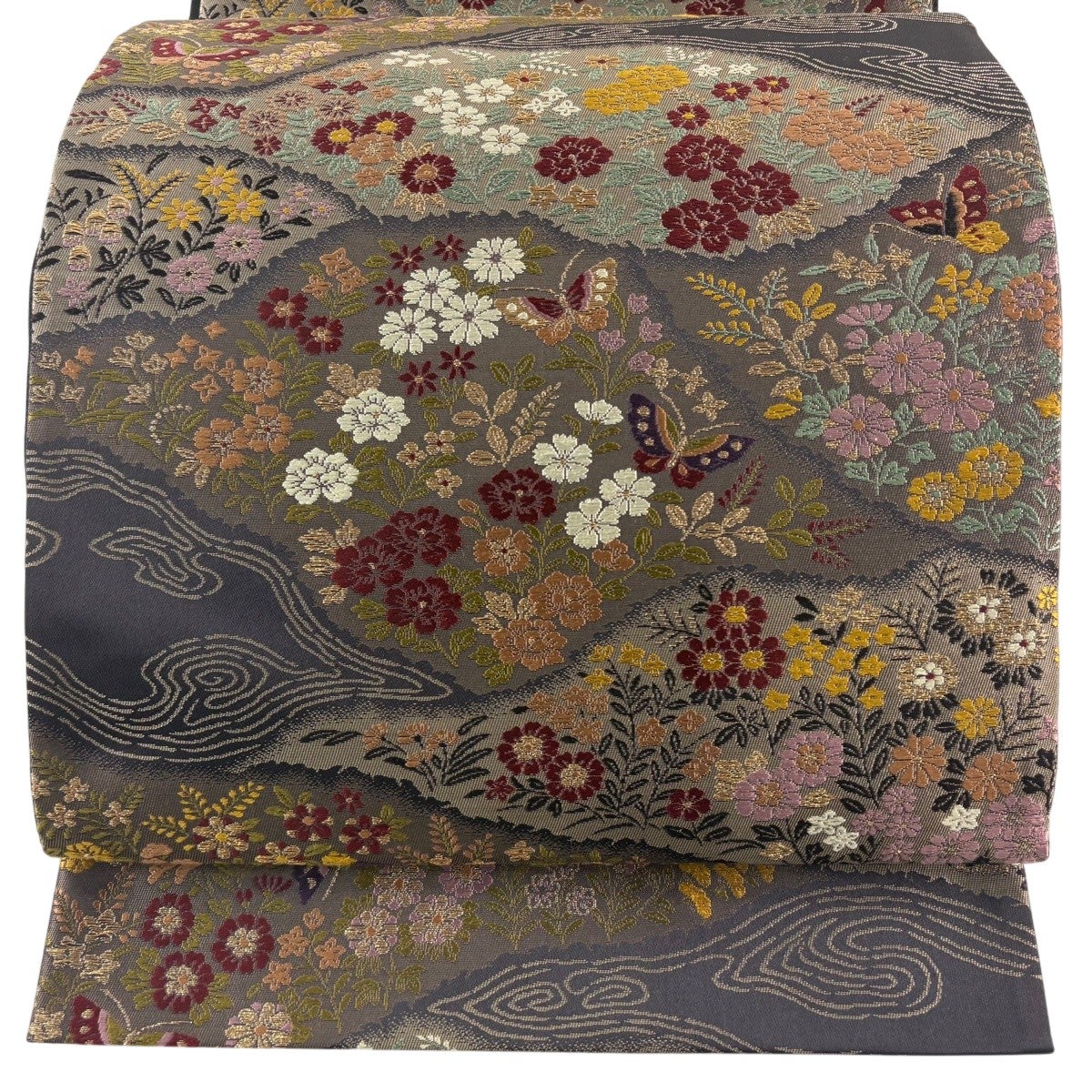 美品】 袋帯 秀品 織全九蔵文様 草花 蝶 金糸 墨色 六通 正絹｜中古