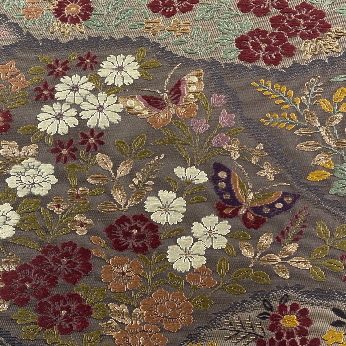 美品】 袋帯 秀品 織全九蔵文様 草花 蝶 金糸 墨色 六通 正絹｜中古
