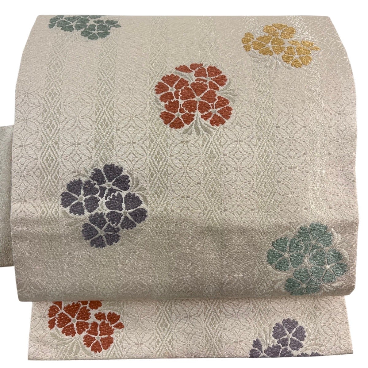 名古屋帯 秀品 花 地紋 唐織 薄ピンク 正絹｜中古・古着・リサイクル