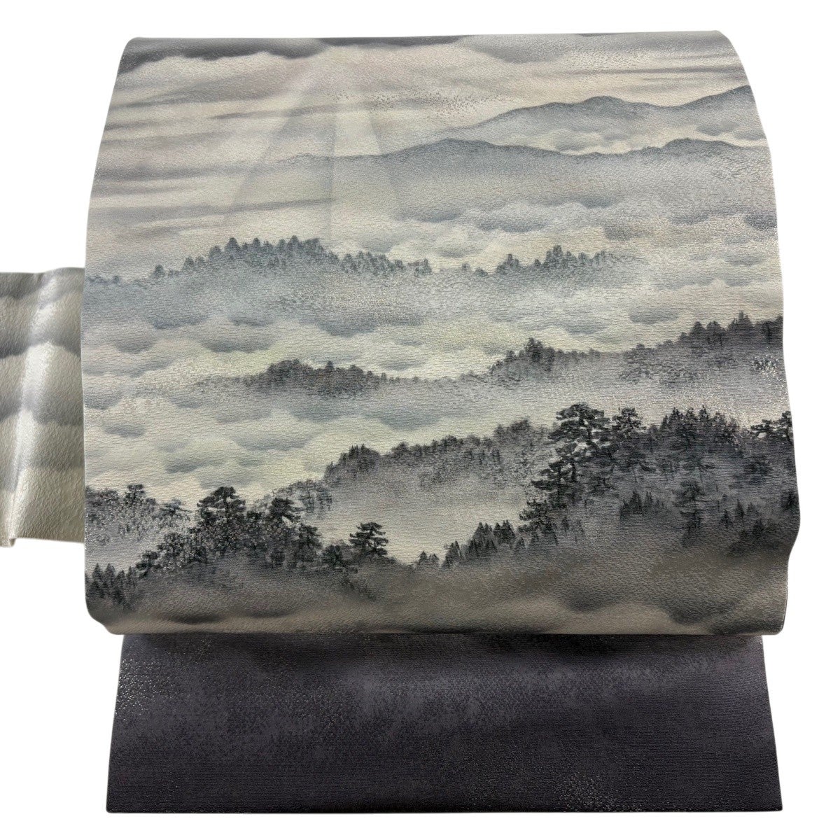美品】 名古屋帯 逸品 雲海 薄明光線 銀糸 ぼかし 灰紫 正絹｜中古