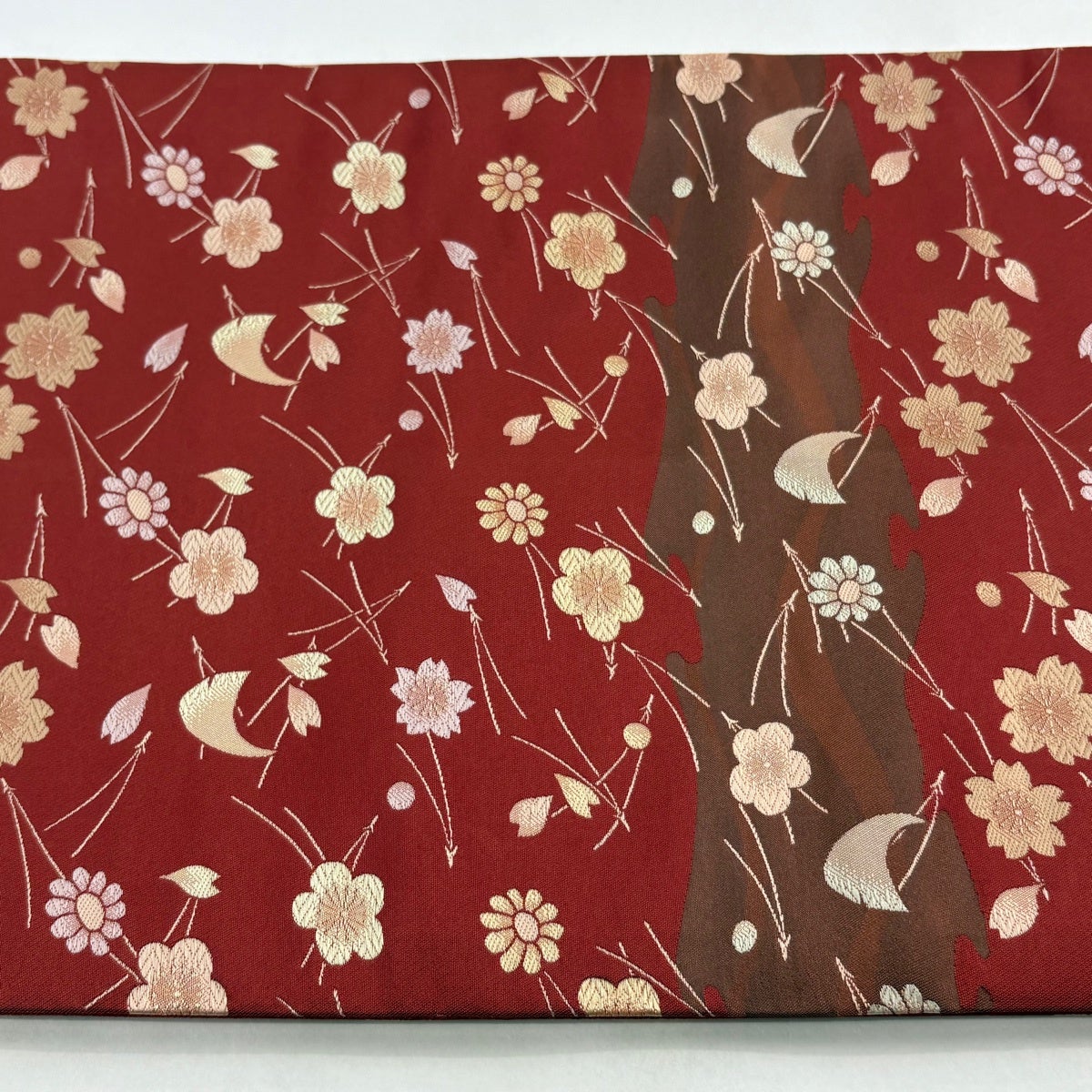 美品】 袋名古屋帯 優品 吹き寄せ 桜 朱色 化繊｜中古・古着