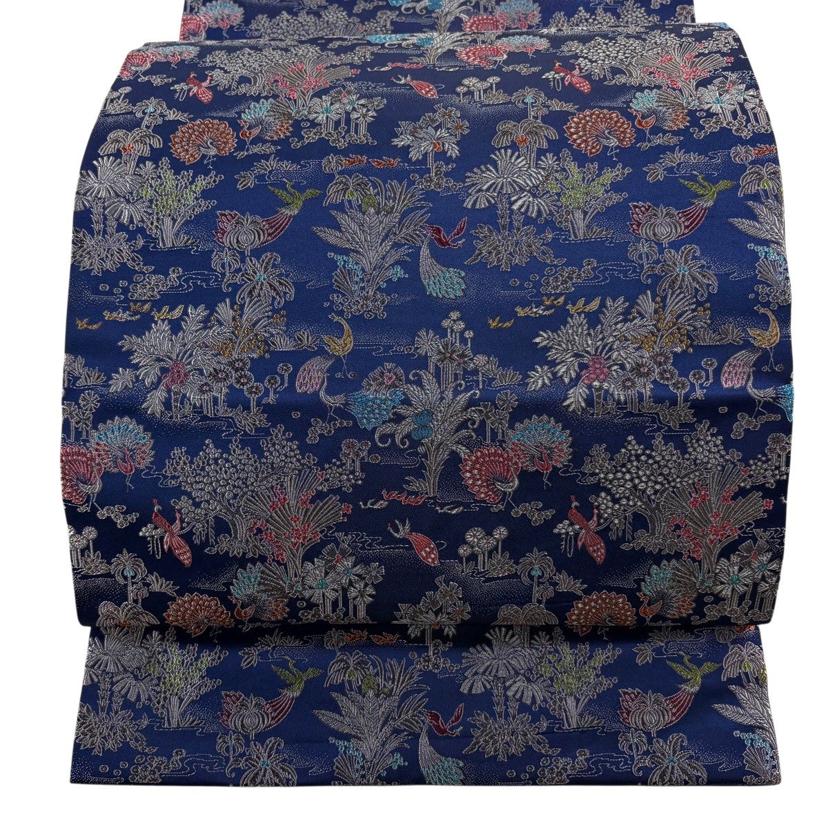 美品】 開き名古屋帯 優品 孔雀 草花 箔 紺色 化繊｜中古・古着