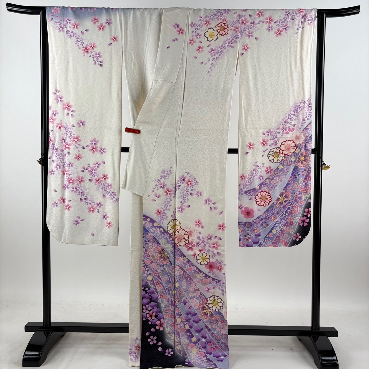 振袖 身丈170cm 裄丈68cm L 袷 桜 花びら 金糸 銀通し クリーム 正絹