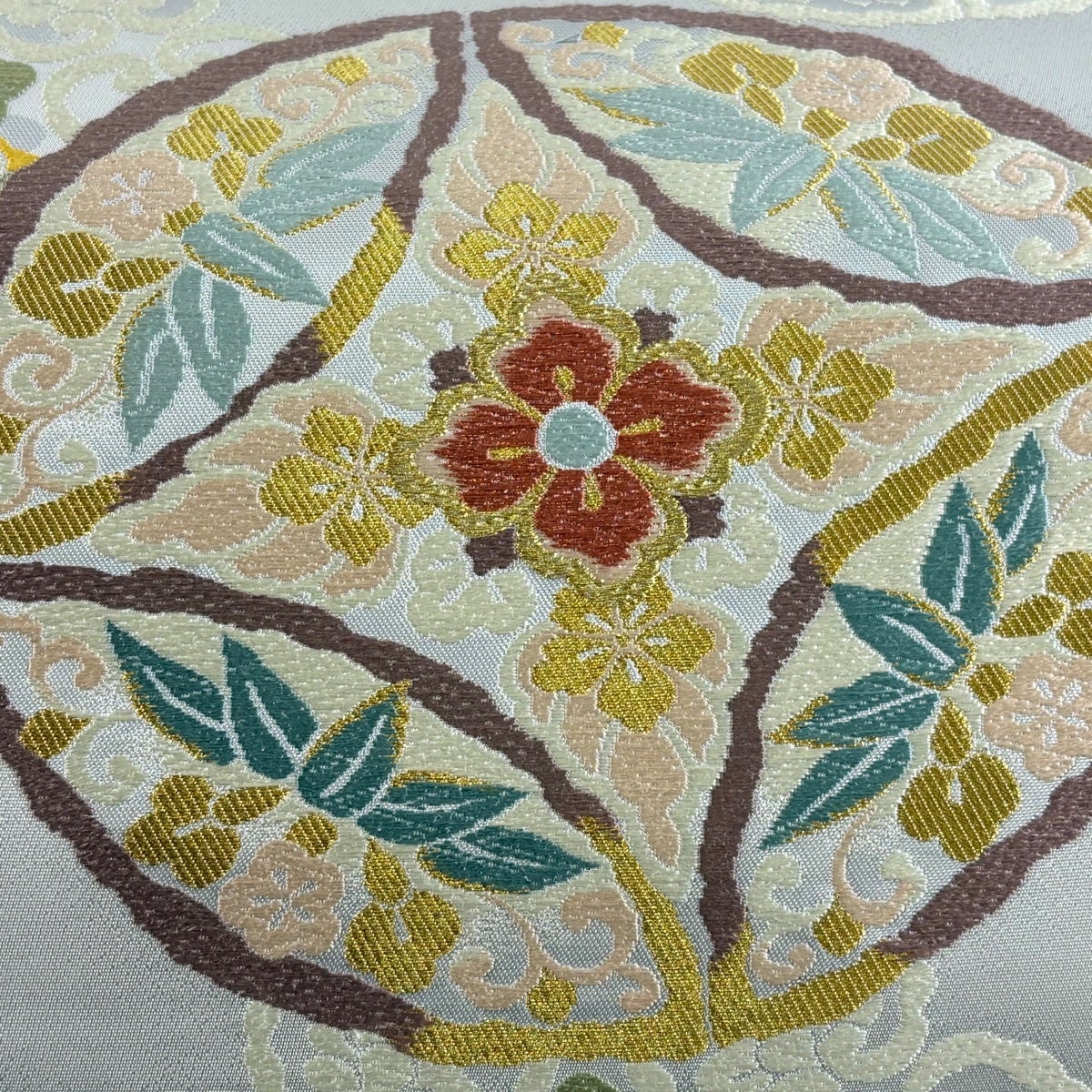 袋帯 名品 関西仕立て 七宝 草花 唐織 金糸 灰色 六通 正絹｜中古