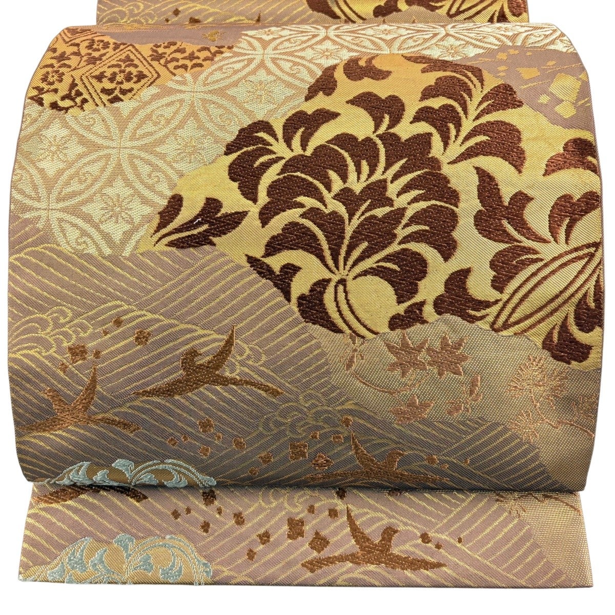 美品】 袋帯 名品 川島織物 落款あり 七宝 花鳥 唐織 箔 薄茶色 六通