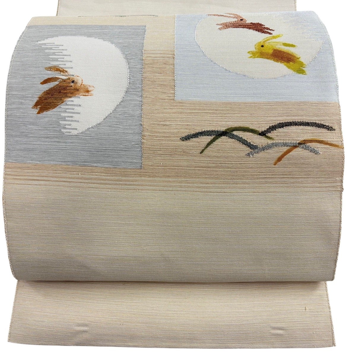 名古屋帯 名品 八寸名古屋帯 うさぎと月 芝 ベージュ 正絹｜中古・古着