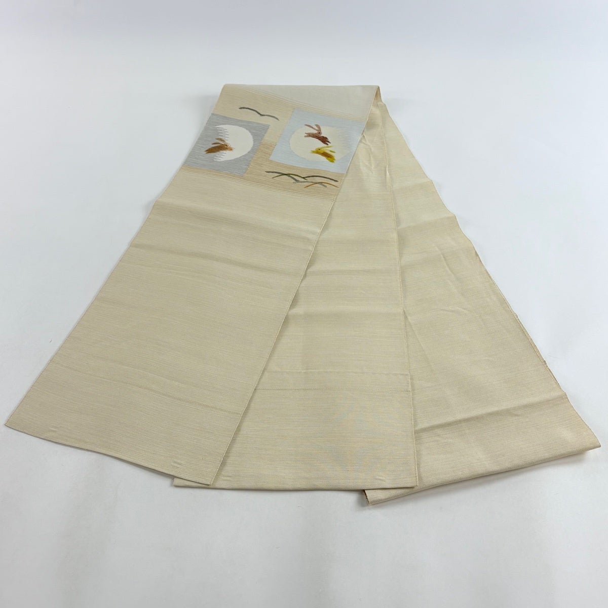 名古屋帯 名品 八寸名古屋帯 うさぎと月 芝 ベージュ 正絹｜中古・古着