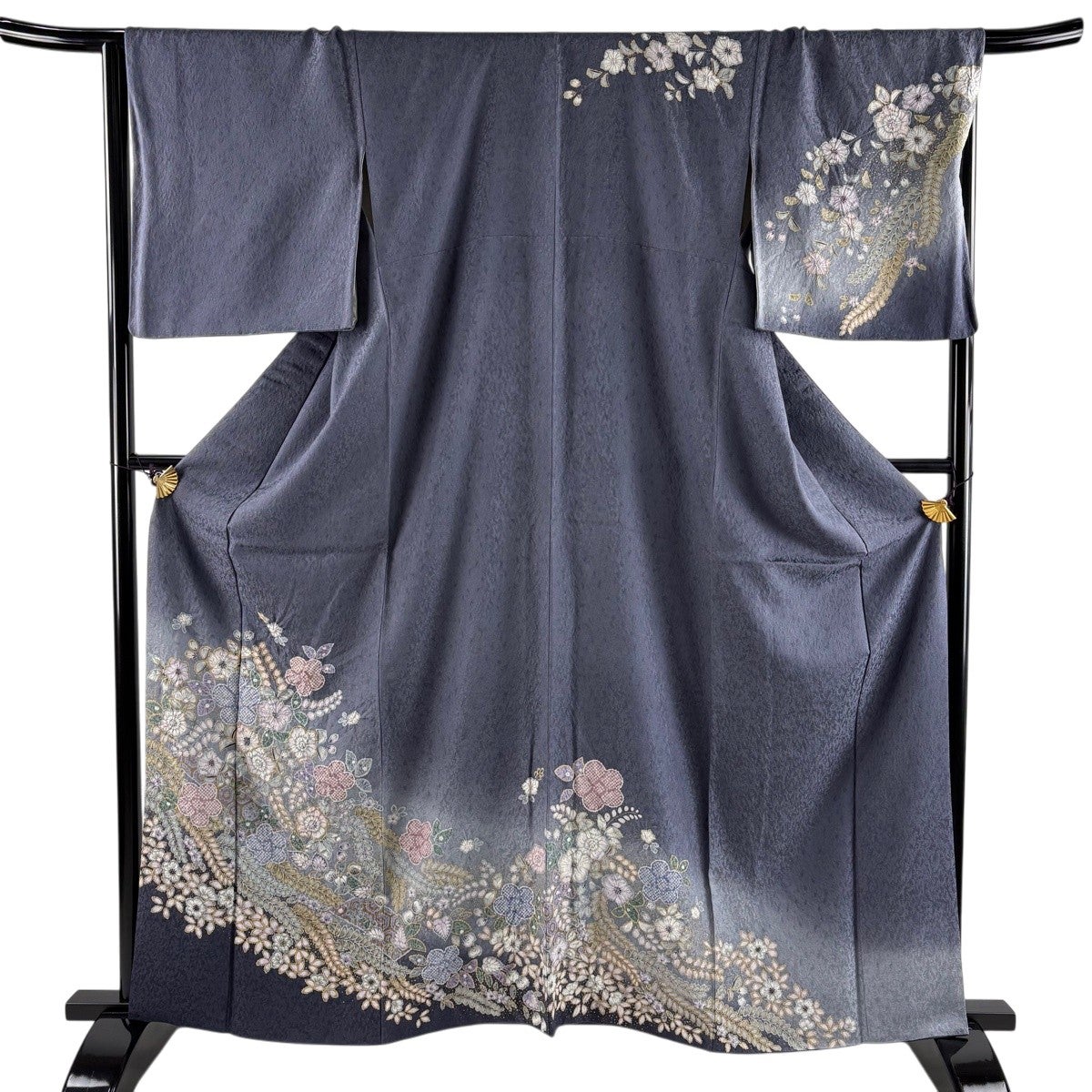 訪問着 身丈163cm 裄丈68cm L 袷 辻が花 亀甲 金彩 ぼかし 青灰色 正絹