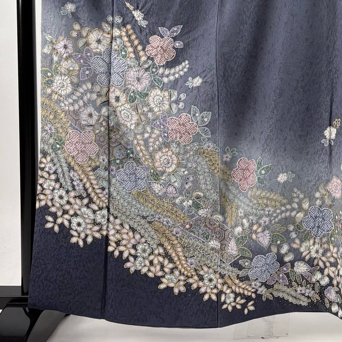 訪問着 身丈163cm 裄丈68cm L 袷 辻が花 亀甲 金彩 ぼかし 青灰色 正絹