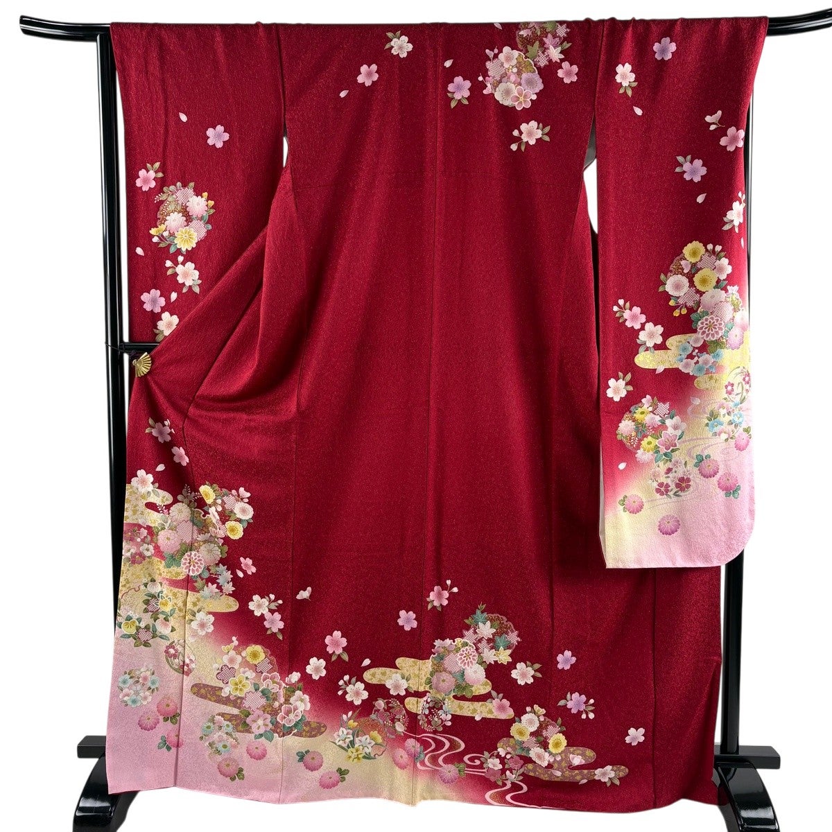 美品】 振袖 身丈169cm 裄丈68.5cm L 袷 雪輪 花丸文 箔 銀通し 赤