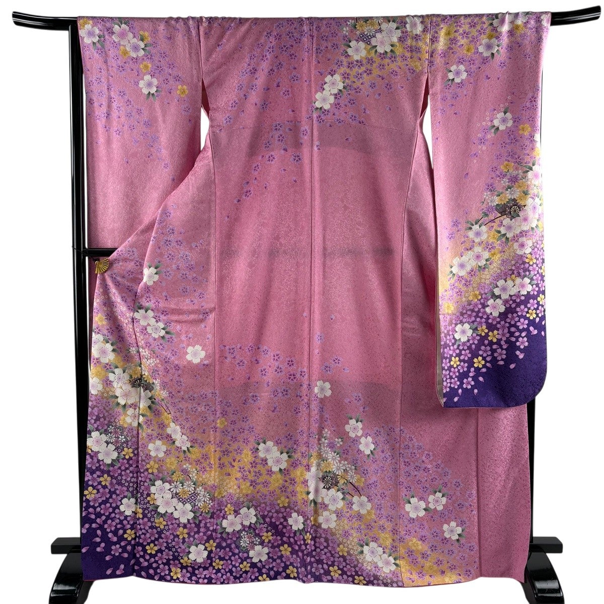 美品】 振袖 身丈169.5cm 裄丈68cm L 袷 花車 桜 金糸 金彩 ピンク