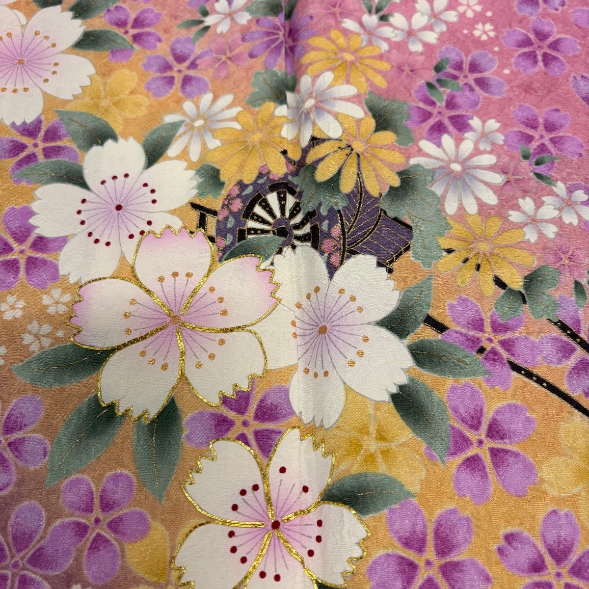 美品】 振袖 身丈169.5cm 裄丈68cm L 袷 花車 桜 金糸 金彩 ピンク