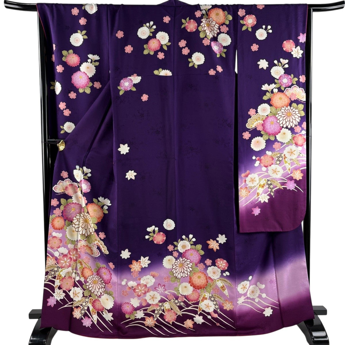 振袖 身丈169.5cm 裄丈68cm L 袷 菊 松竹梅 金糸 金彩 紫 正絹 名品
