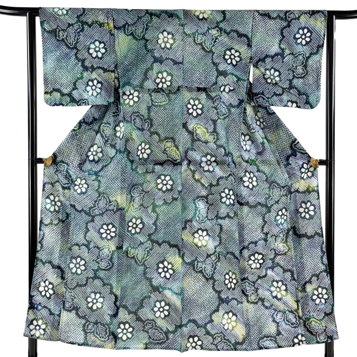 浴衣 身丈152cm 裄丈62cm S 絞り浴衣 菊 深緑 綿 名品｜中古・古着