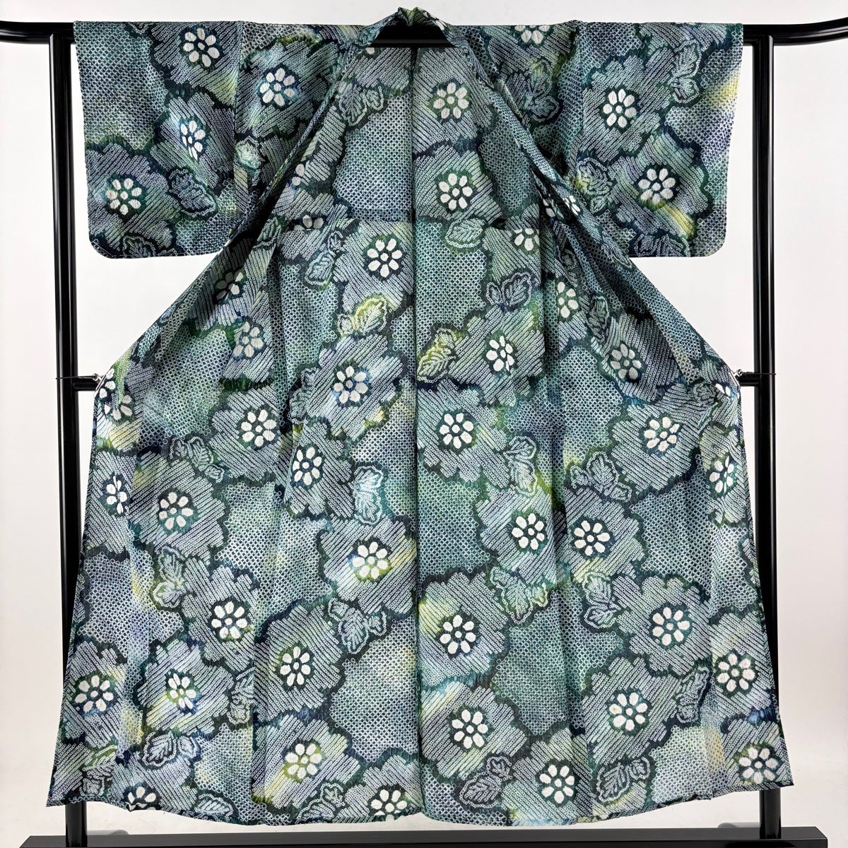 浴衣 身丈152cm 裄丈62cm S 絞り浴衣 菊 深緑 綿 名品｜中古・古着