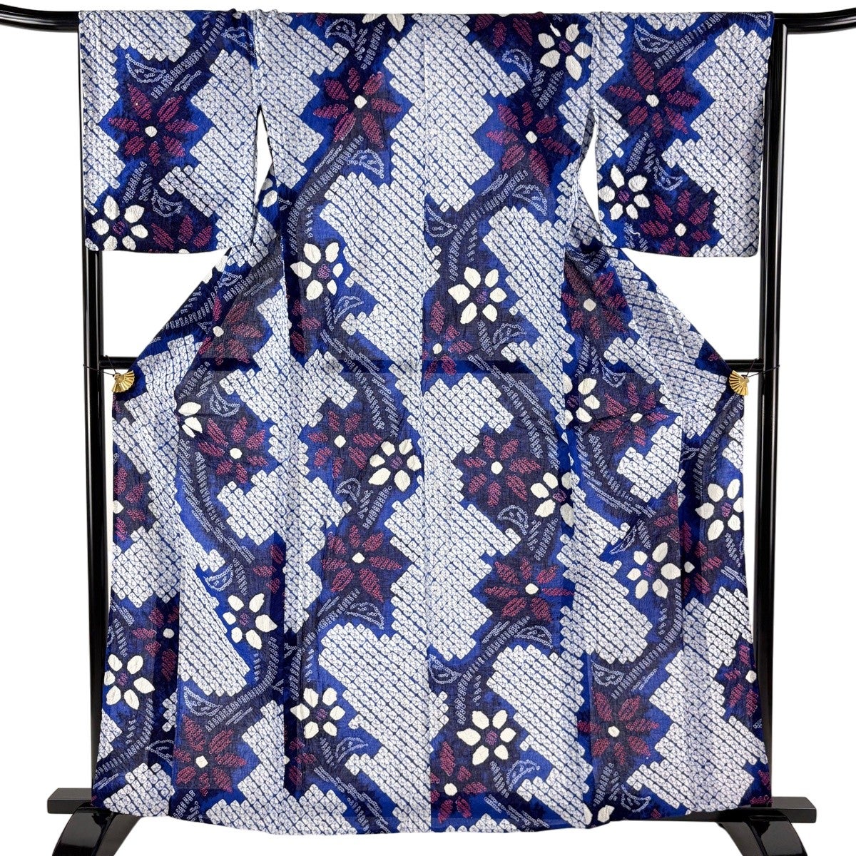 浴衣 身丈160cm 裄丈65cm M 絞り浴衣 花 青 綿 名品｜中古・古着