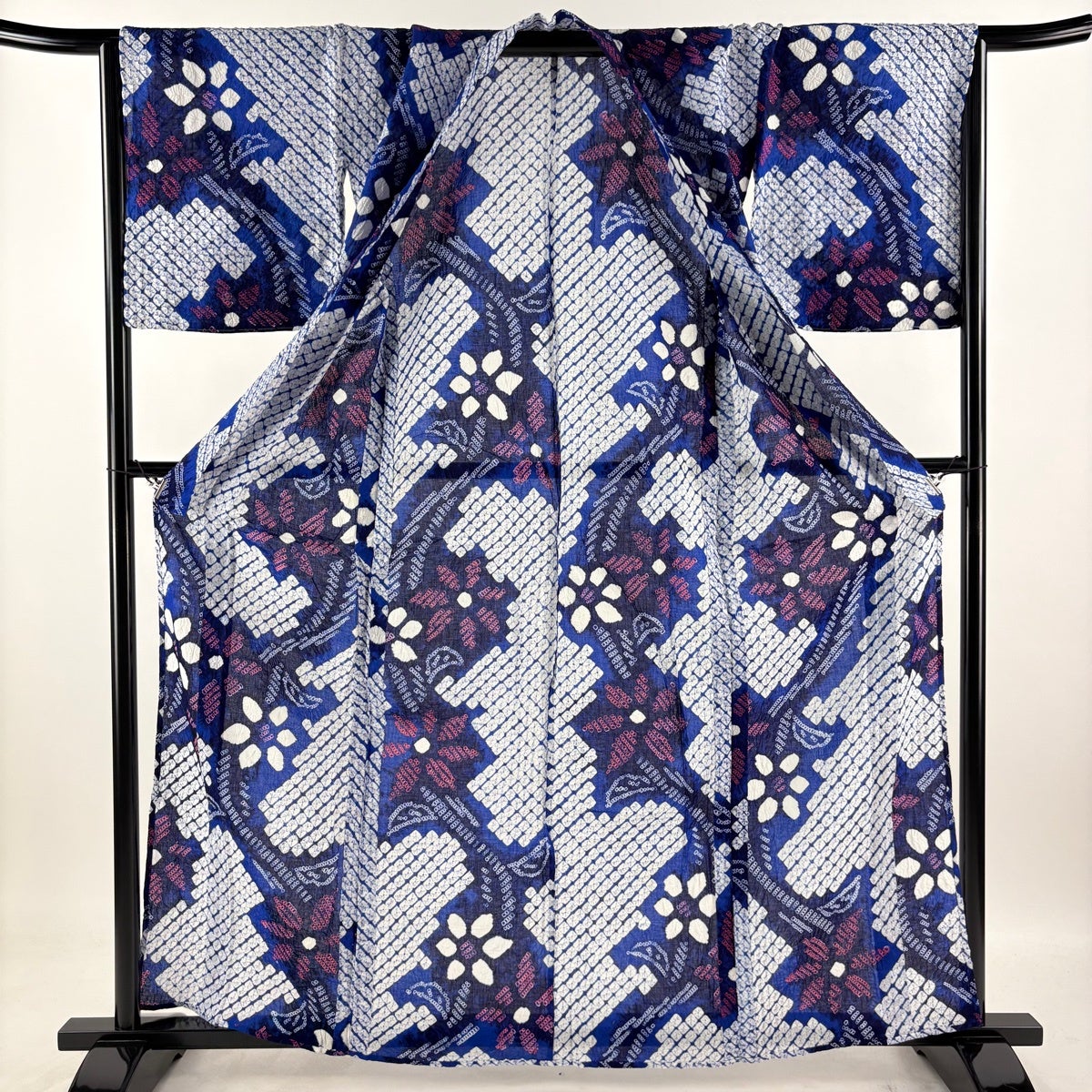 浴衣 身丈160cm 裄丈65cm M 絞り浴衣 花 青 綿 名品｜中古・古着