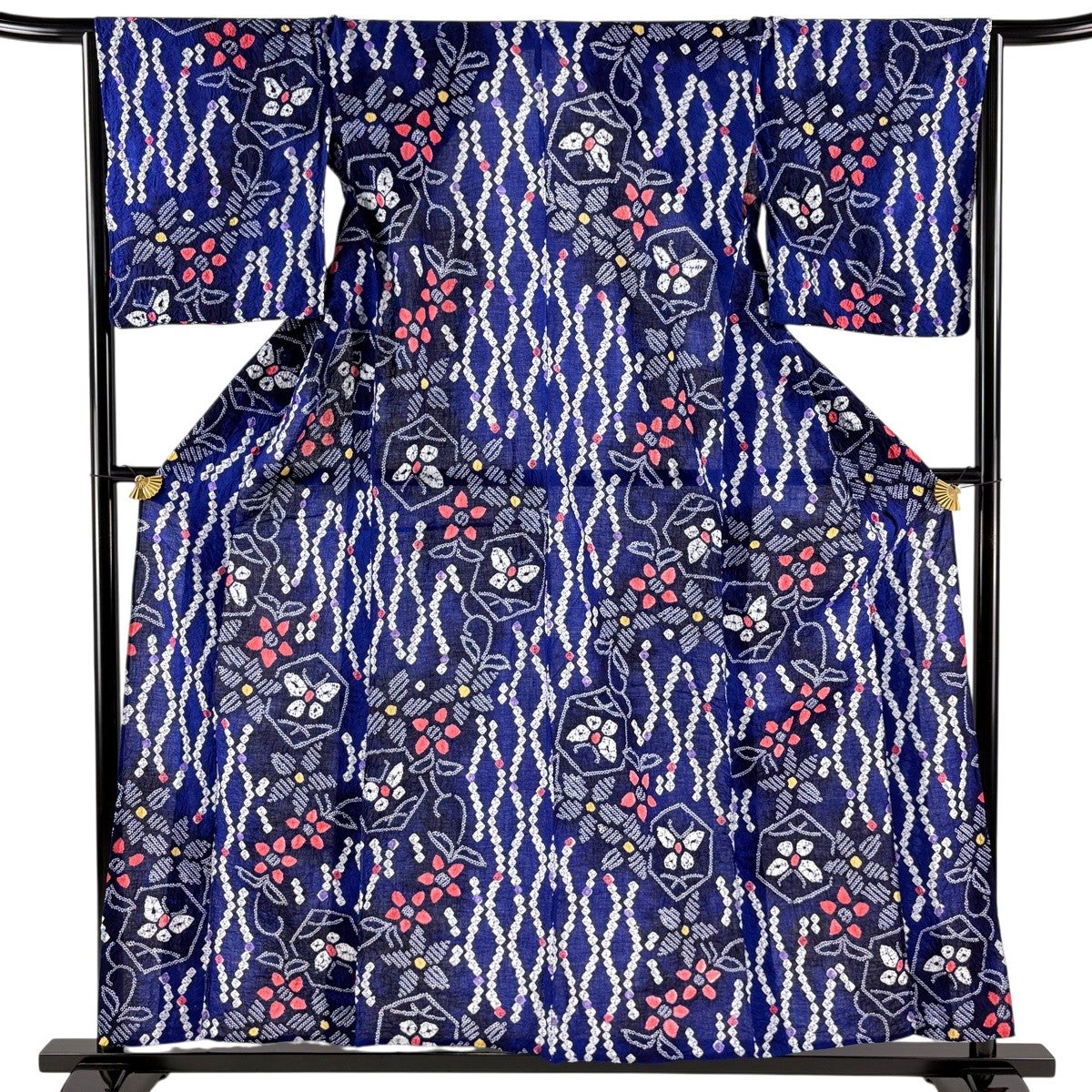 美品】 浴衣 身丈156cm 裄丈66cm M 絞り浴衣 草花 青 綿 名品｜中古
