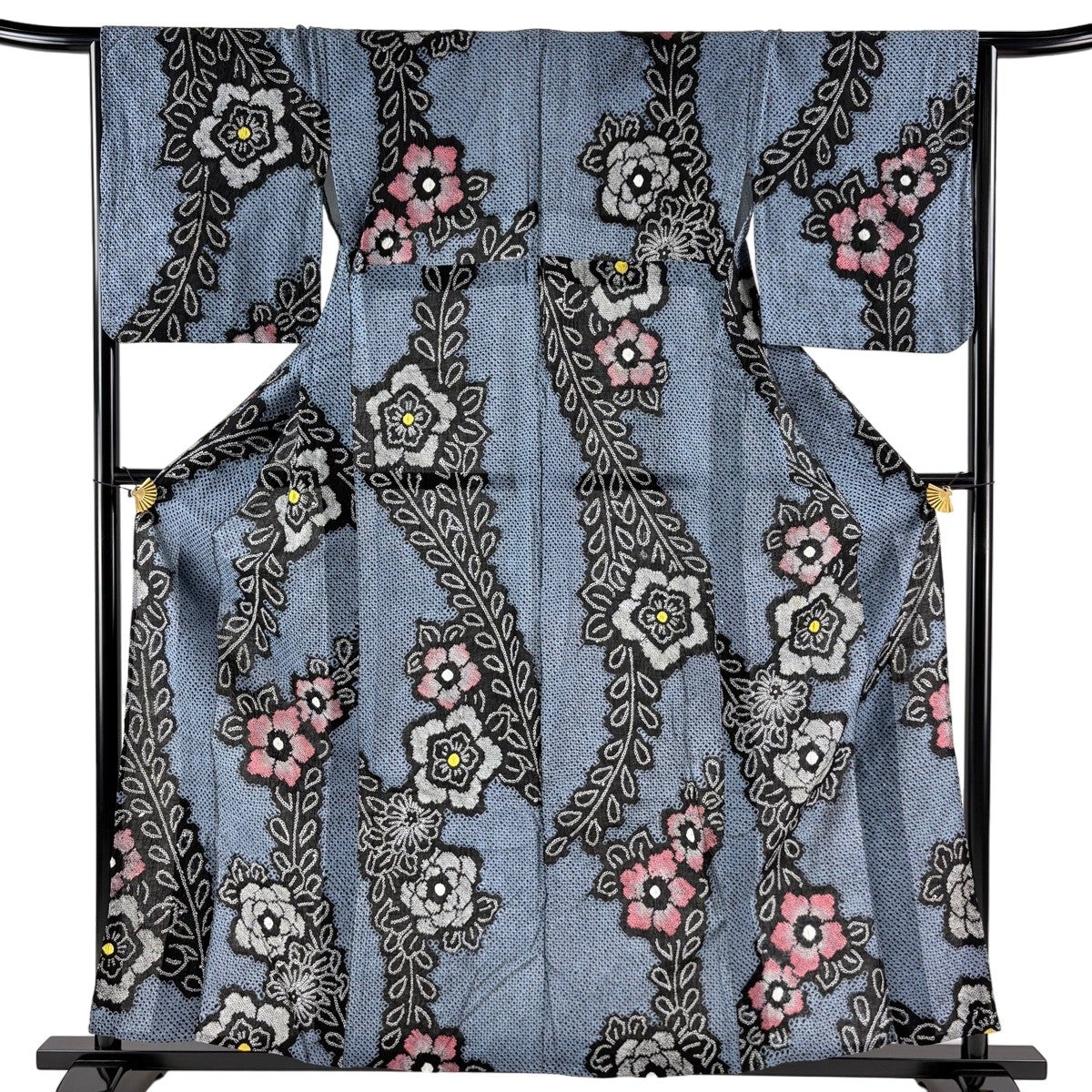 浴衣 身丈159cm 裄丈63cm S 草花 青灰色 綿 名品｜中古・古着