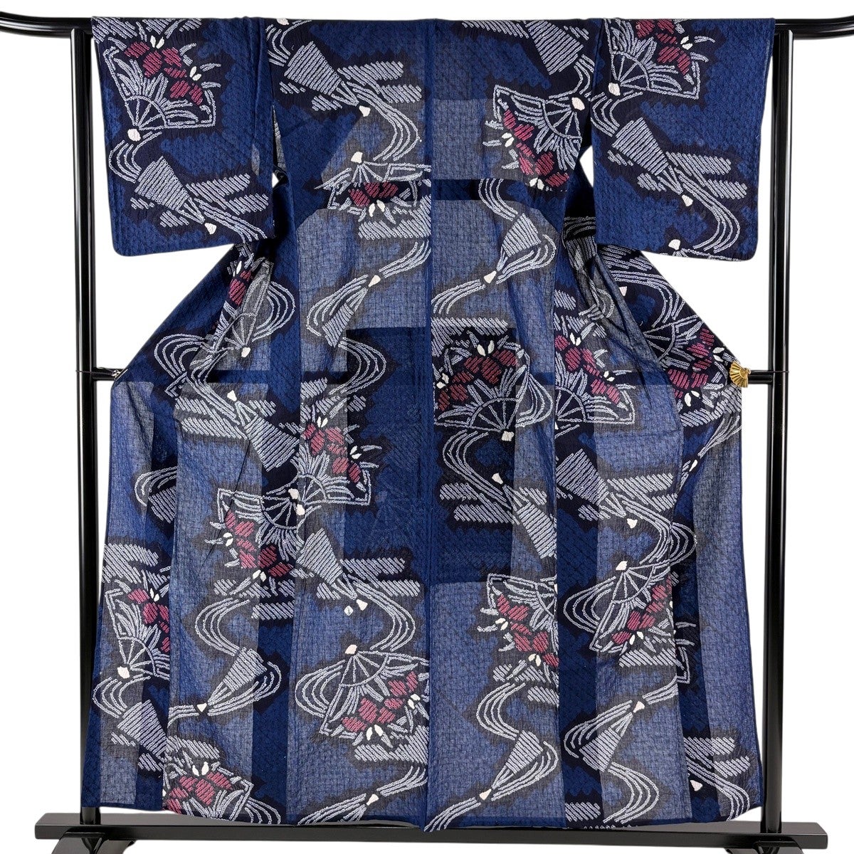 美品】 浴衣 身丈157cm 裄丈63cm S 絞り浴衣 花扇 流水 濃紺 綿 名品