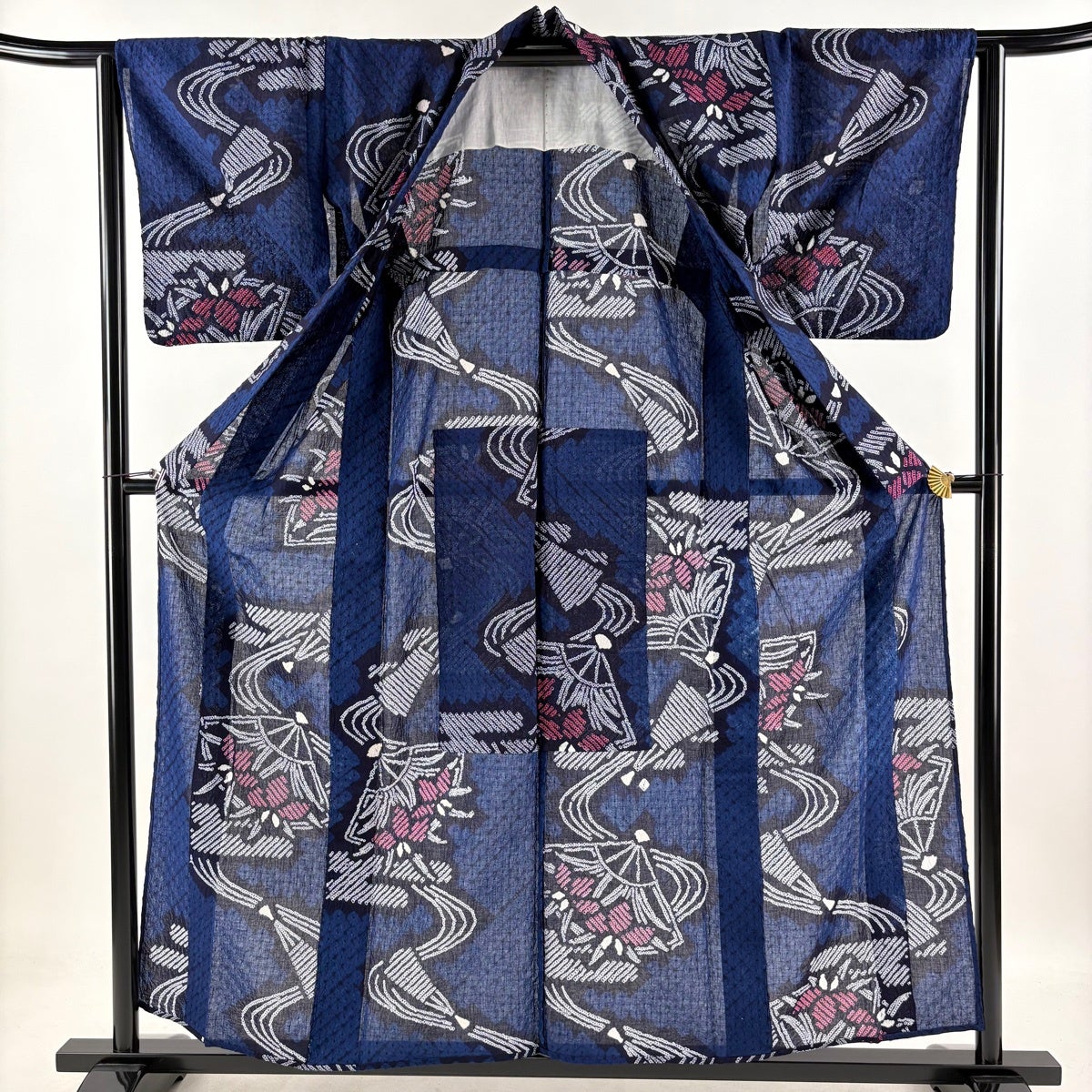 美品】 浴衣 身丈157cm 裄丈63cm S 絞り浴衣 花扇 流水 濃紺 綿 名品