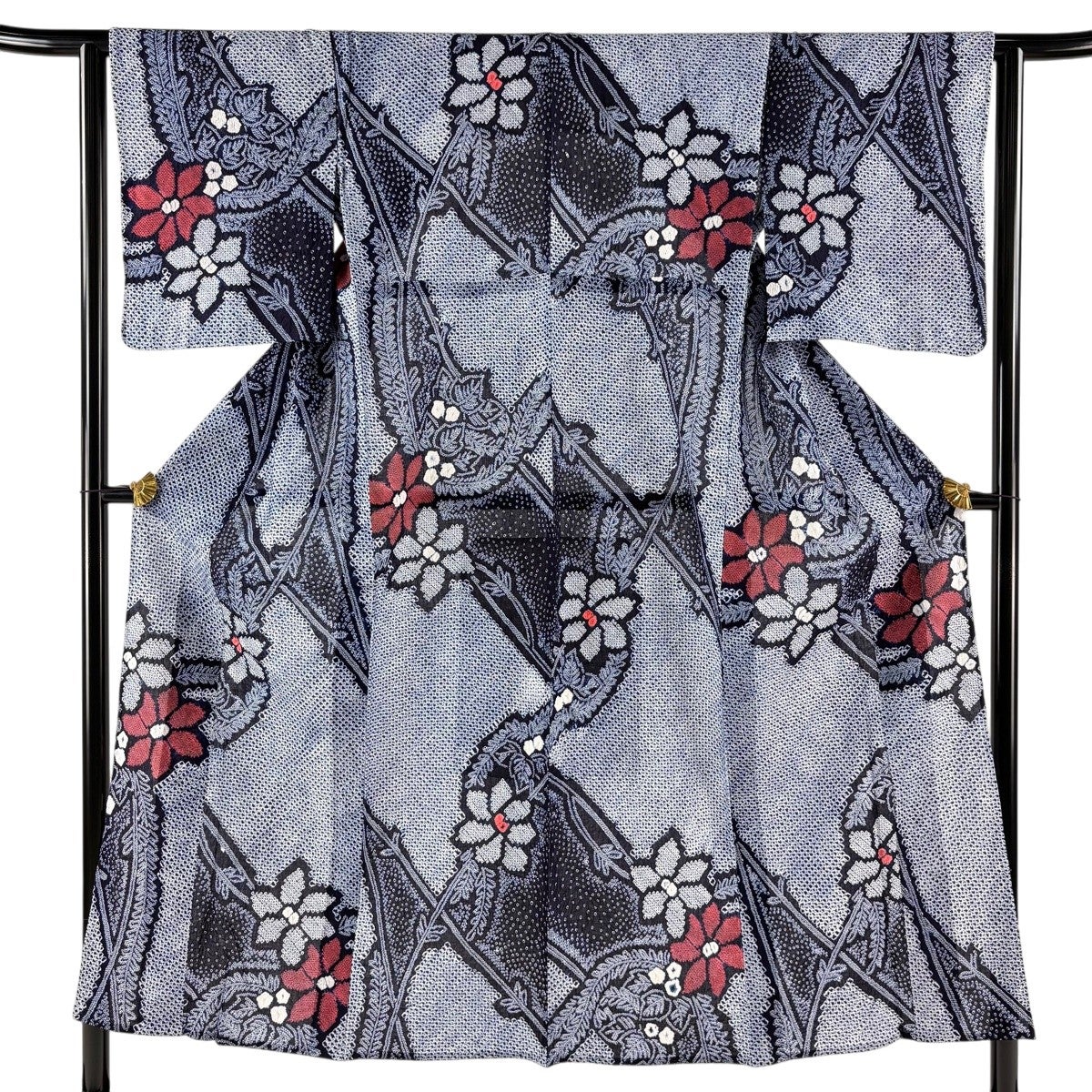 美品】 浴衣 身丈151cm 裄丈62cm S 絞り浴衣 草花 紺色 綿 名品｜中古