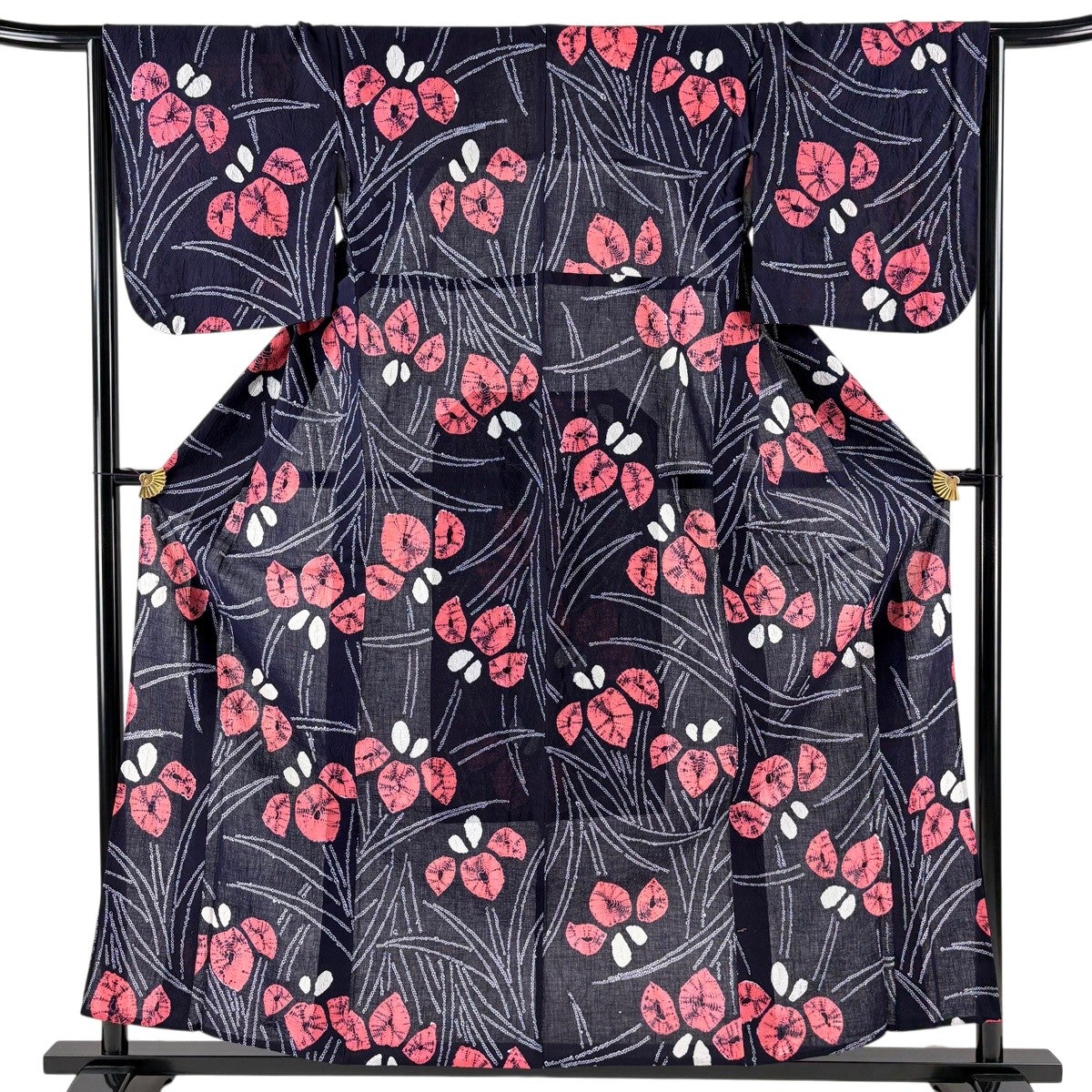 浴衣　浴衣単品　絞り　綿　裄丈約67.5 身丈約156 美品】 浴衣 身丈157cm 裄丈64cm M 絞り浴衣 菖蒲 濃紺 綿 名品｜中古