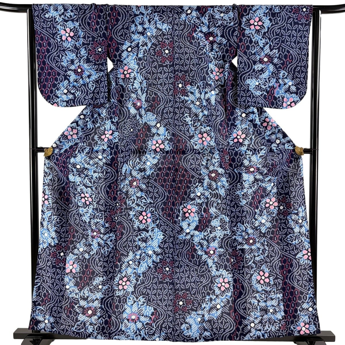 美品】 浴衣 身丈160cm 裄丈65cm M 絞り浴衣 花 有職文様 濃紺 綿 名品
