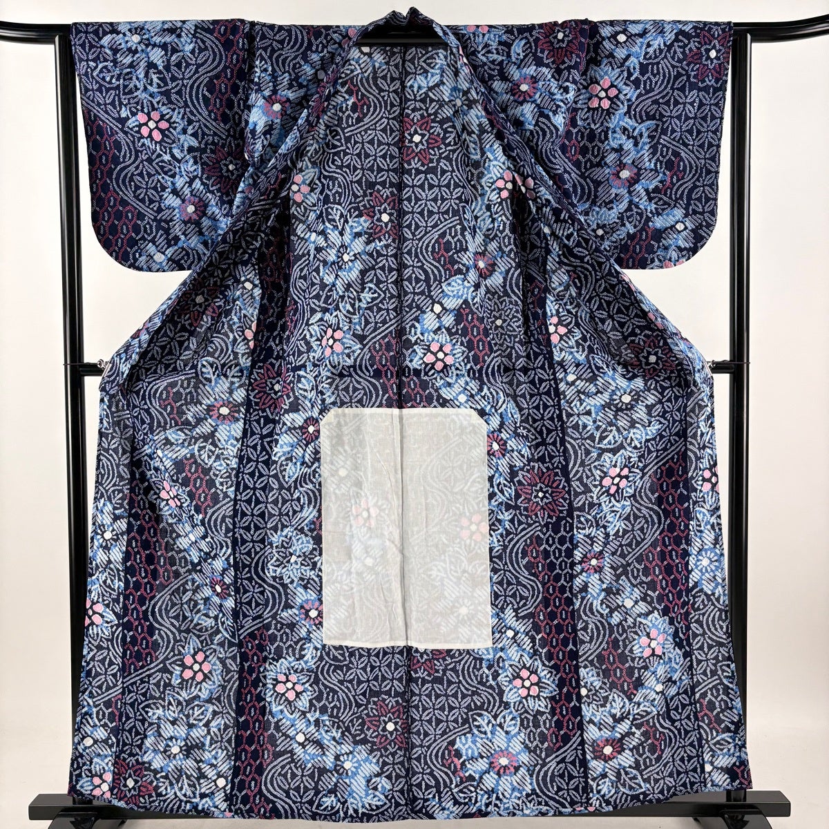 美品】 浴衣 身丈160cm 裄丈65cm M 絞り浴衣 花 有職文様 濃紺 綿 名品