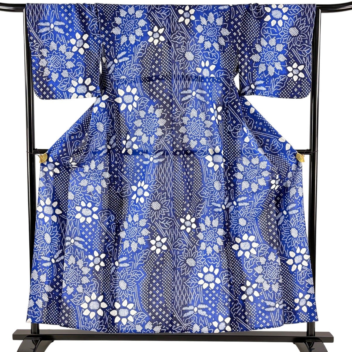 美品】 浴衣 身丈156cm 裄丈66cm M 絞り浴衣 草花 青 綿 名品｜中古