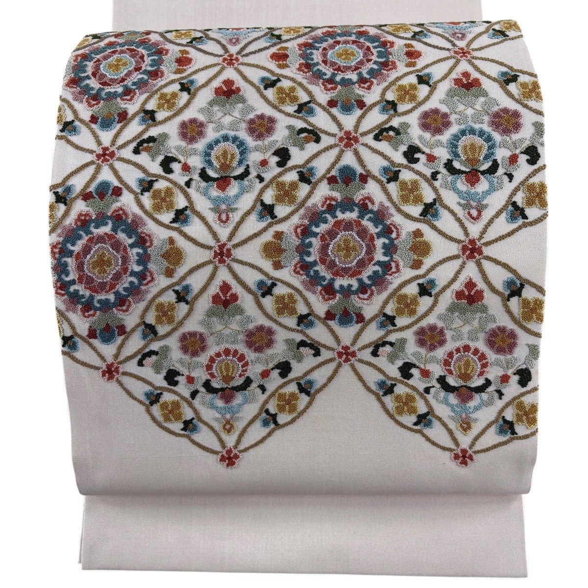 美品】 袋帯 名品 華文 草花 相良刺繍 金糸 ピンクベージュ お太鼓柄