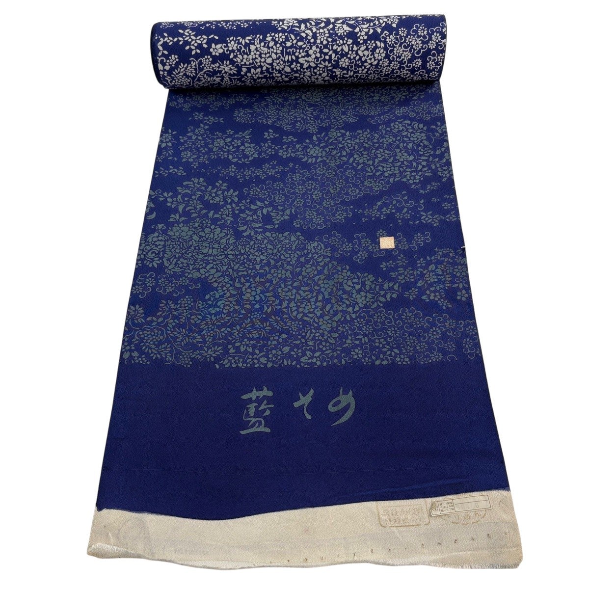 小紋 更紗 サフラン染 洎夫藍染 ちりめん 菜種油色 正絹 反物 反物 秀品 小紋 落款 藍そめ 花唐草 藍色 正絹｜中古・古着