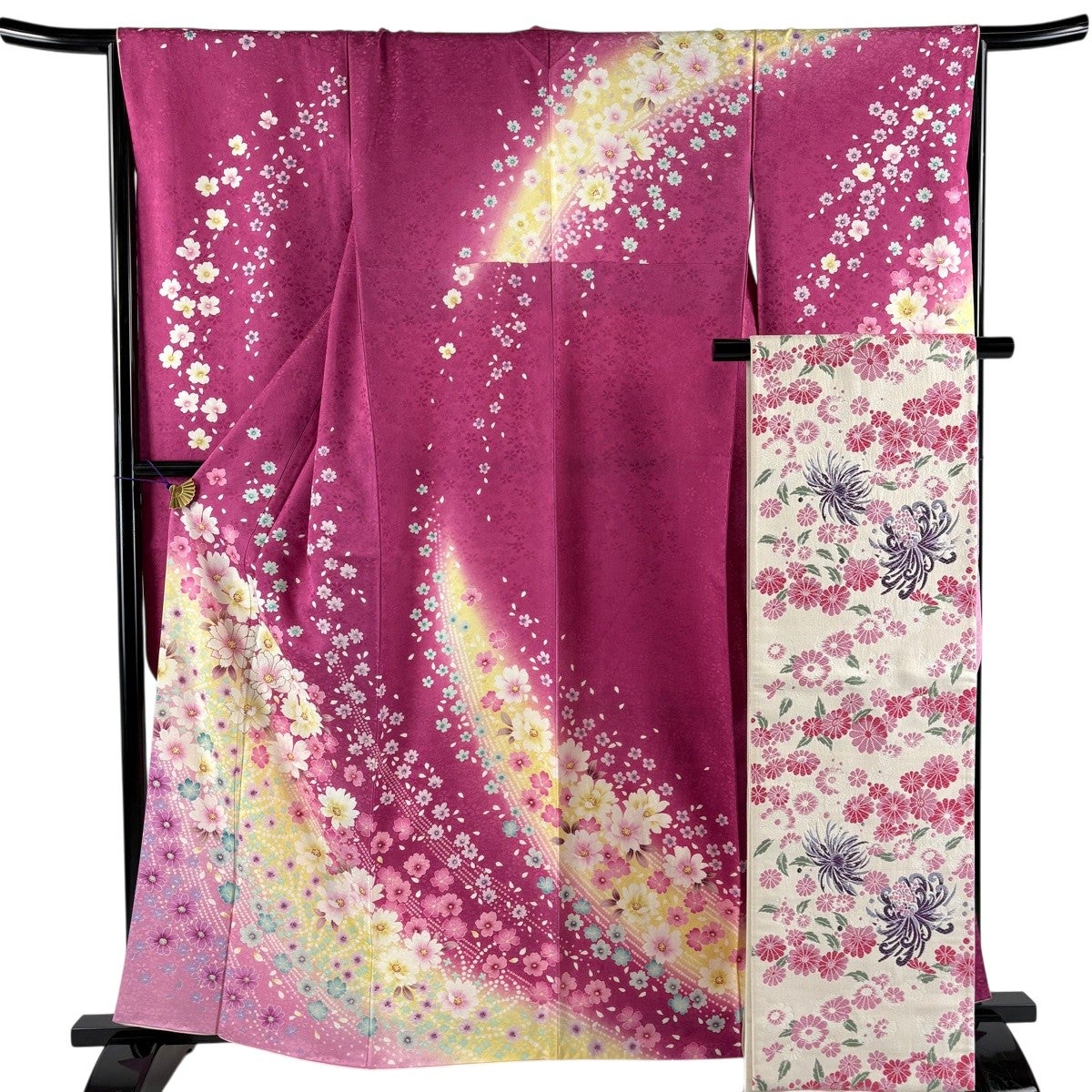 美品】 振袖 身丈160cm 裄丈66cm M 袷 袋帯フルセット 草花 箔 ぼかし