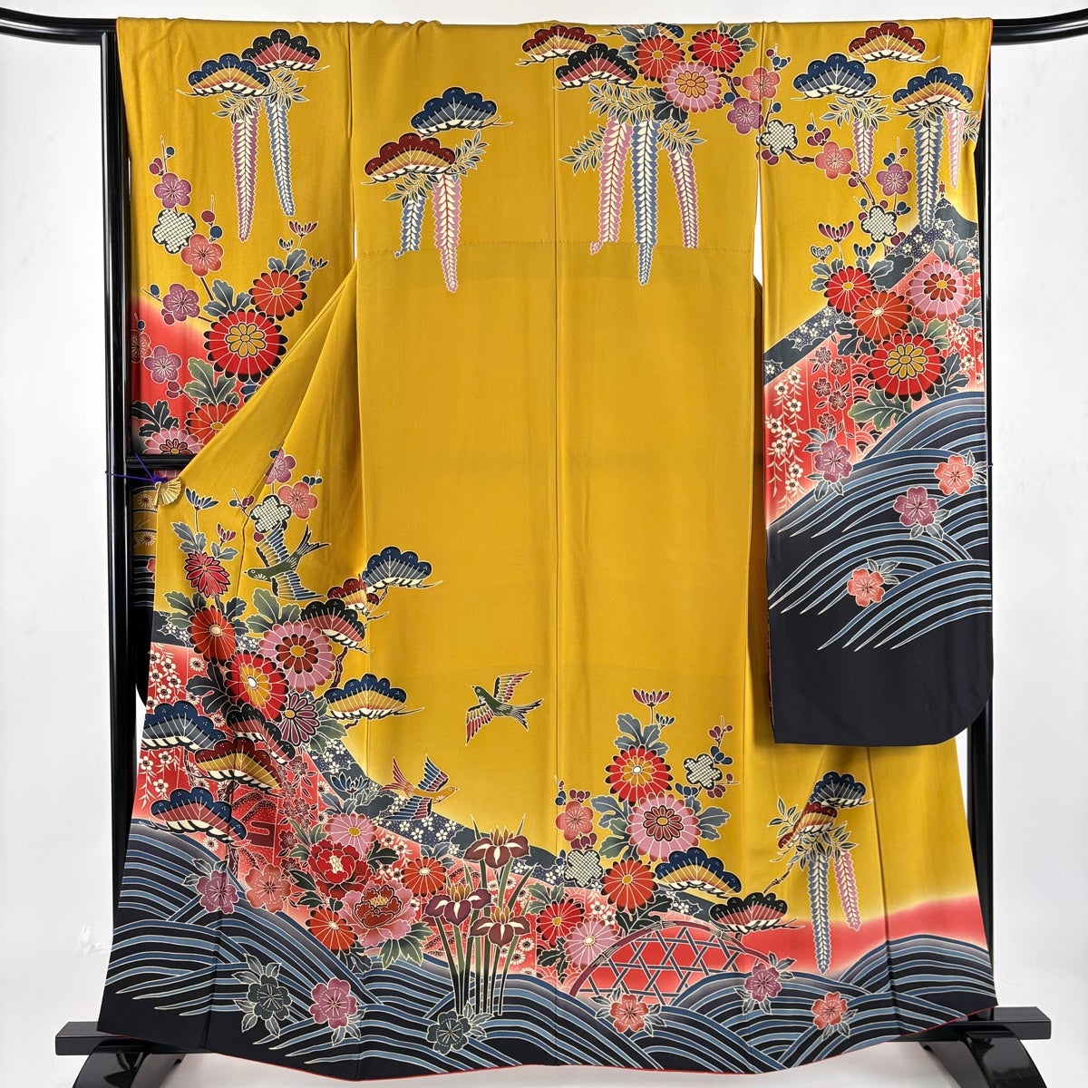 美品】 振袖 身丈161cm 裄丈67cm M 袷 袋帯フルセット 落款あり 菊 松