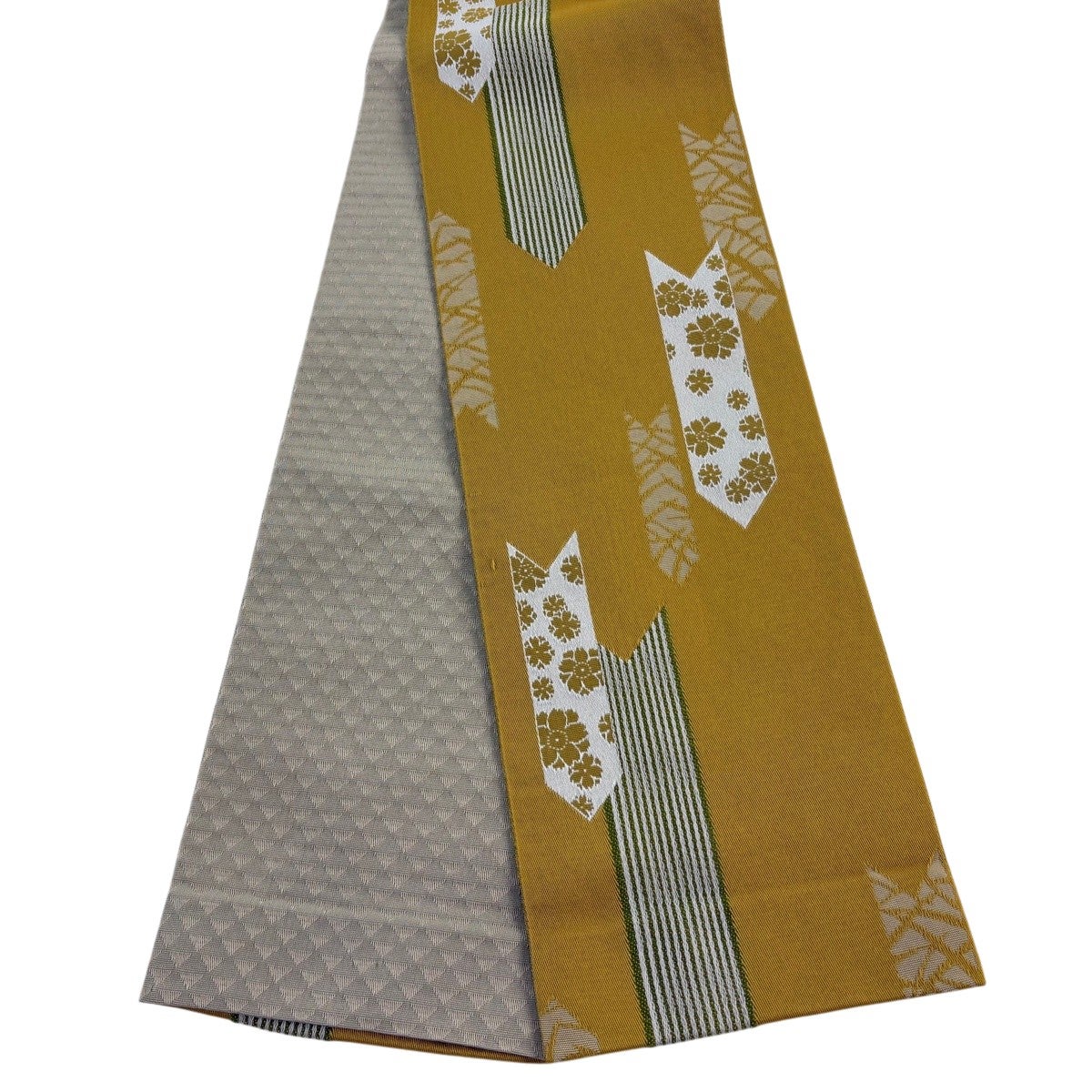 半幅帯 優品 矢羽根 桜 山吹茶色 化繊｜中古・古着・リサイクル着物
