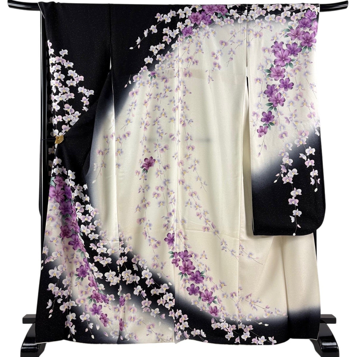 美品】 振袖 身丈169cm 裄丈70cm L 袷 草花 金糸 銀通し 黒 正絹 逸品