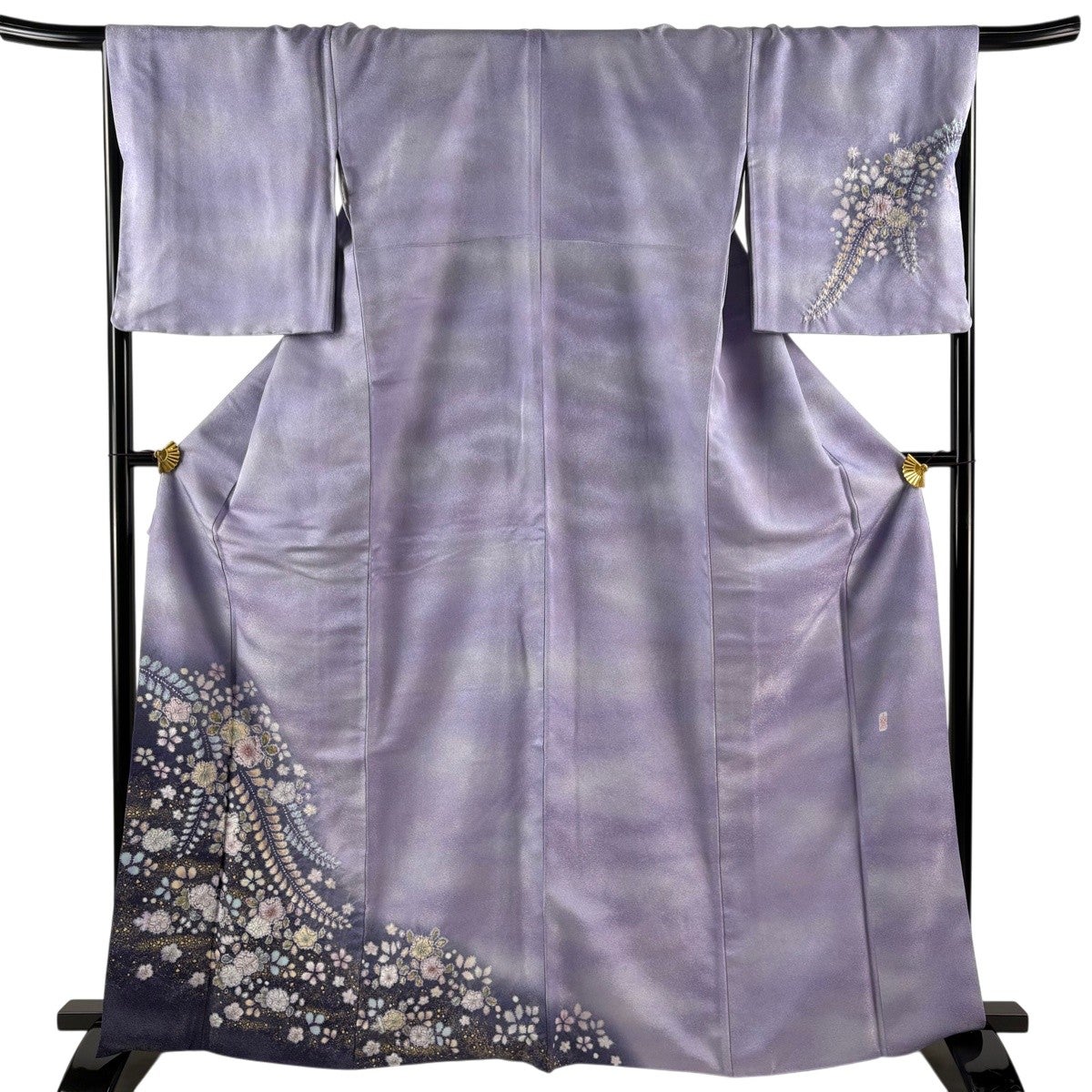 美品】 付下げ 身丈164.5cm 裄丈68.5cm L 袷 扇 秋草 金彩 灰色 正絹