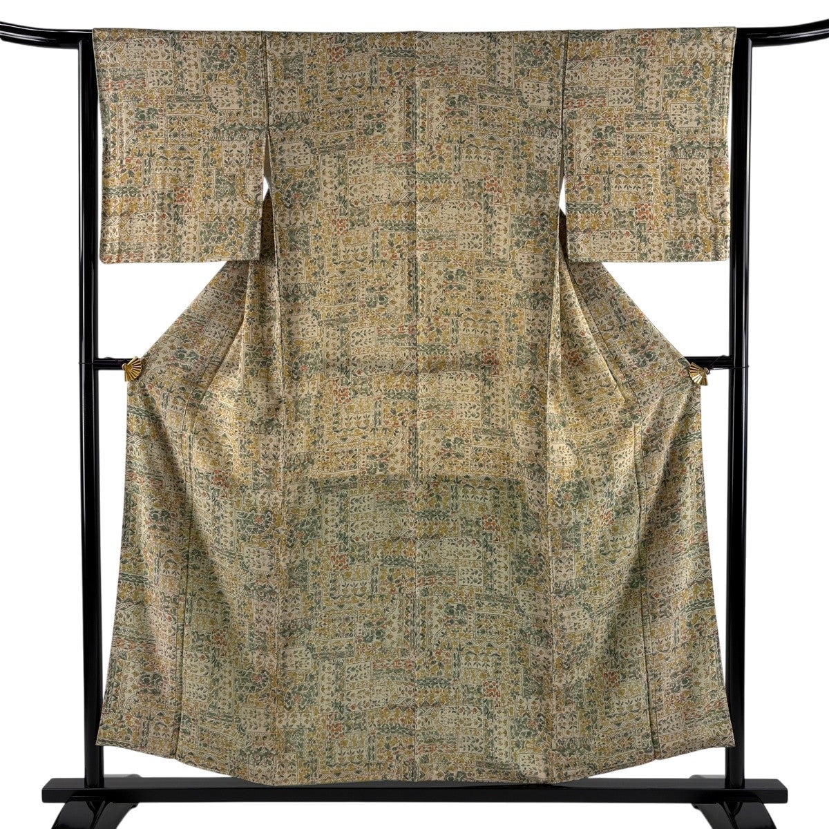小紋 身丈155.5cm 裄丈64cm M 袷 草花 幾何学模様 薄茶色 正絹 優品