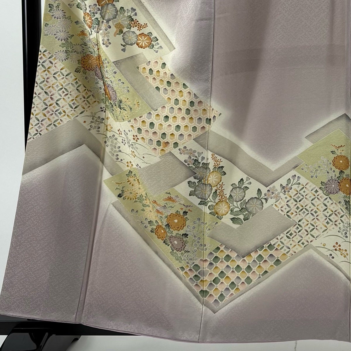 訪問着 身丈159.5cm 裄丈66cm M 袷 菊 有職文様 金彩 ぼかし 灰紫 正絹