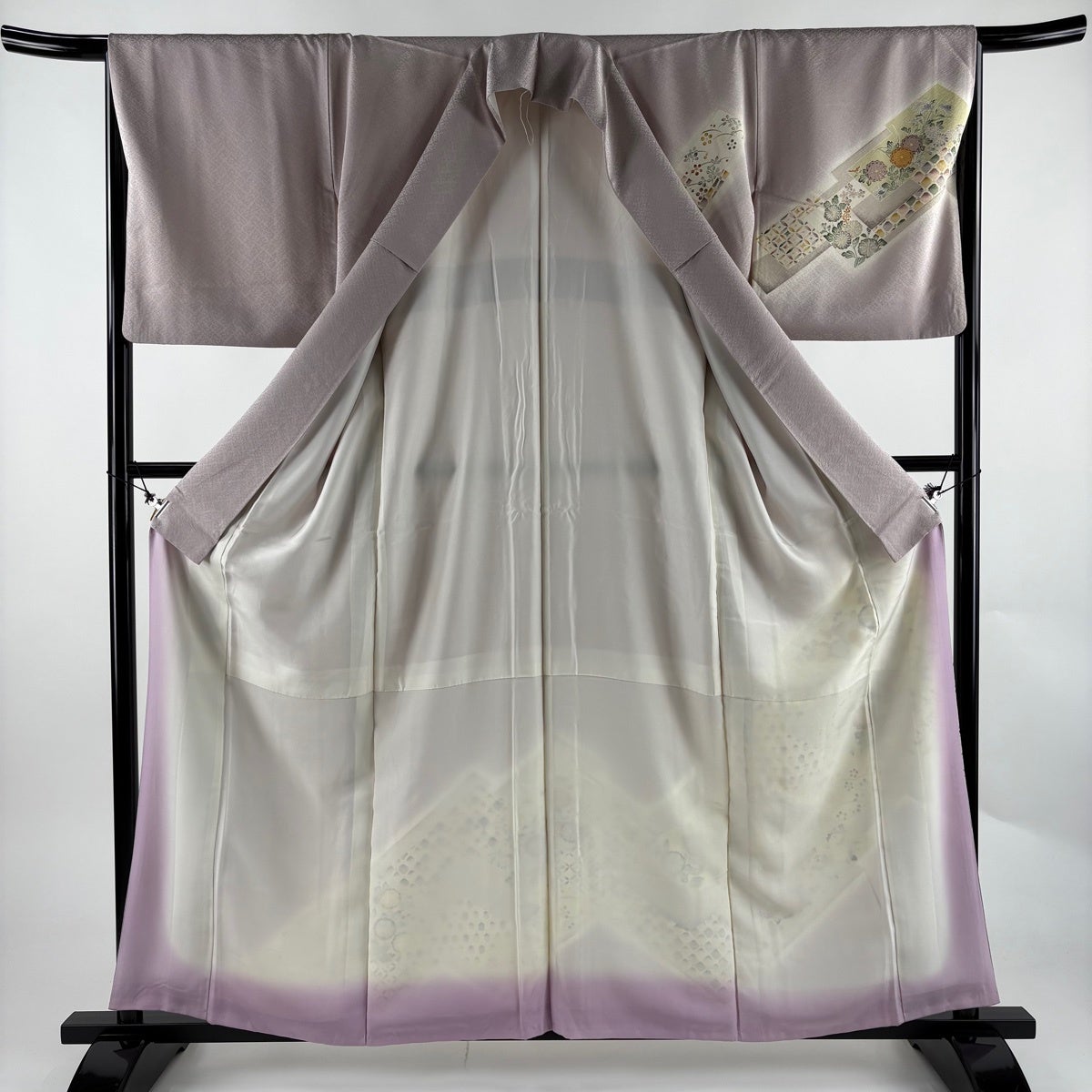 訪問着 身丈159.5cm 裄丈66cm M 袷 菊 有職文様 金彩 ぼかし 灰紫 正絹