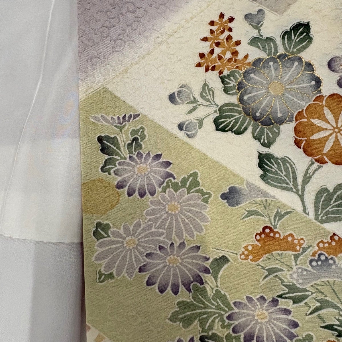 訪問着 身丈159.5cm 裄丈66cm M 袷 菊 有職文様 金彩 ぼかし 灰紫 正絹