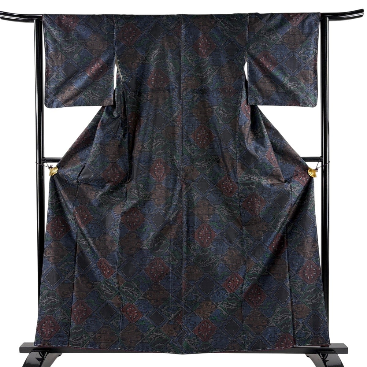 美品】 紬 身丈161cm 裄丈62.5cm S 袷 花 波 紺色 正絹 優品｜中古
