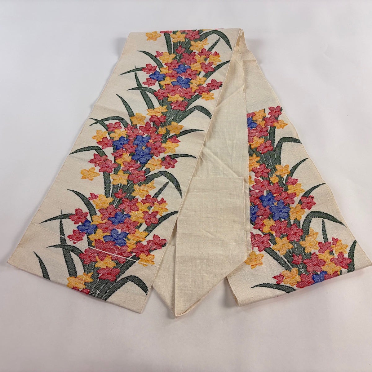 名古屋帯 優品 八寸名古屋帯 松葉仕立て 紬地 草花 クリーム 正絹