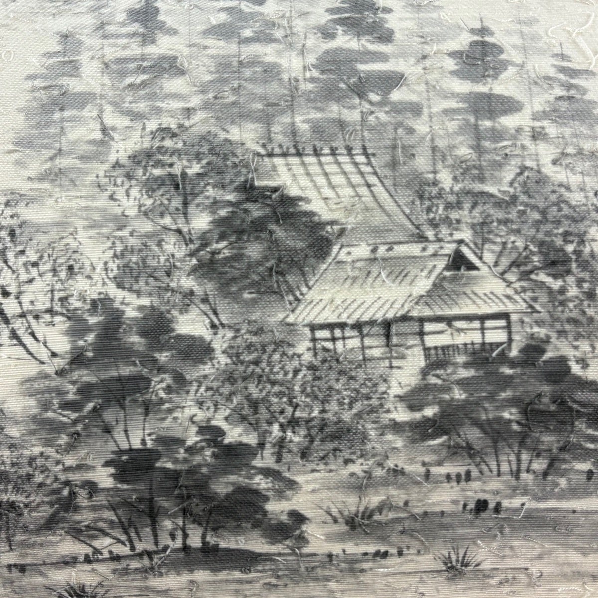 美品】 名古屋帯 優品 落款あり 髭紬地 家屋 樹木 クリーム 正絹｜中古