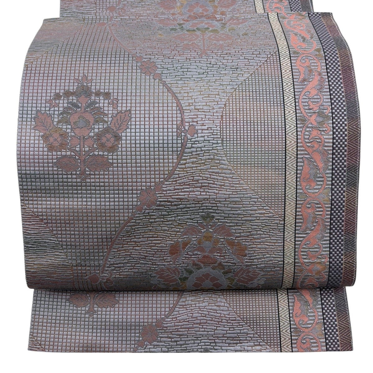 名古屋帯 優品 八寸名古屋帯 松葉仕立て 草花 花唐草 箔 灰紫 正絹